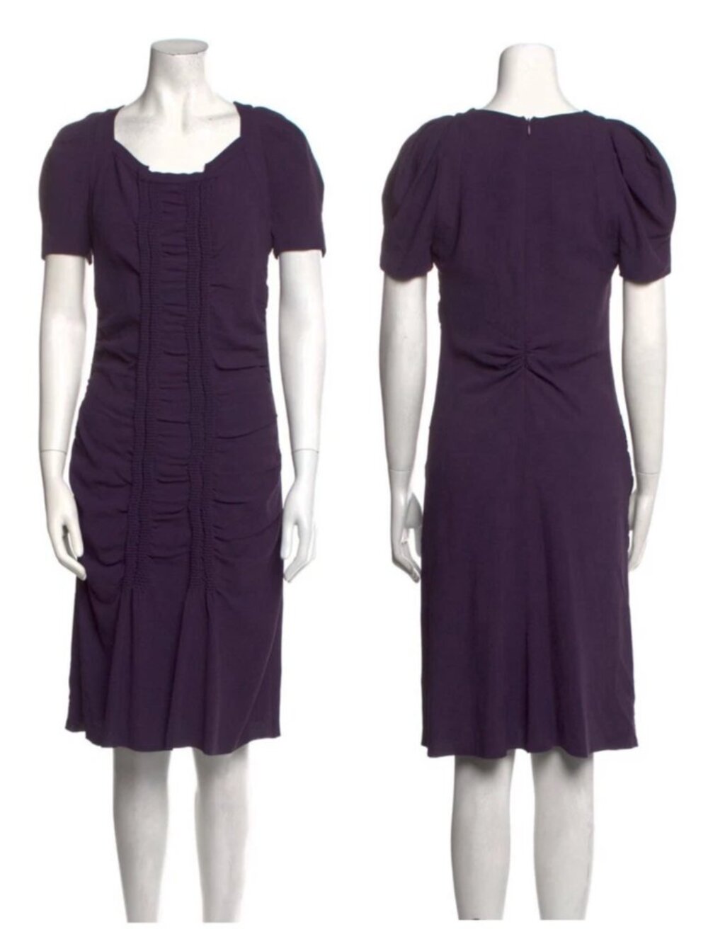 VTG 2000s Prada Ruched Puff Sleeve Midi Dress 44 IT /8 US Purple